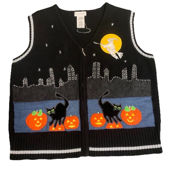 White Stag Sweaters - Vintage White Stag Halloween Sweater Vest XL Black Cat Pumpkin Witch Moon Zip Up